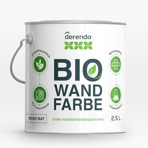 derendo BIO Wandfarbe weiß hohe Deckkraft 5l | ohne Konservierungsmittel & Weichmachern | Innenfarbe Farbe ausbessern Allergikerfreundlich, Umweltfreundlich & Geruchsarm (5 Liters)