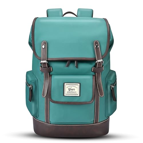 Image of Gear Classic 16.5 inch /21L Medium Water Resistant Faux Leather Anti Theft Knapsack | Laptop Bag | Casual Bag | Travel Bag for Men /Women (Green - Brown)