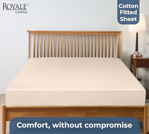 Image of Royale Linens 100% Organic Cotton Fitted Sheet - Percale Weave - Super Soft Deep Pocket Bottom Sheets - Cream Elastic Sheet King Size - King Fitted Sheets Only - (78 inchx80 inch+15 inch, Cream)