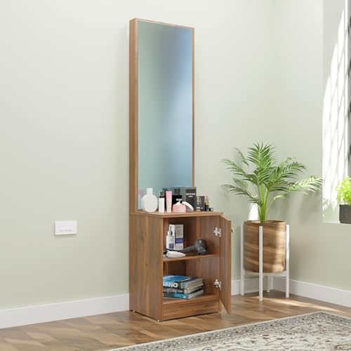 Image of VIKI |Engineered Wood Dressing Table 1 Door with Shelf, Mirror and Huge Storage Space | Vanity for Living Room, Bedroom (Brussel Walnut - 43.8W x 40D x 182.6H cms)
