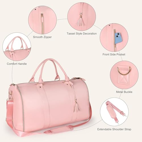 Image of Leather Garment for Garment Bags for Travel,Convertible Carry on Large Duffle Bags with Suit Compartment|Convertible Hanging Suitcase Suit Garment Bag for Men and Women|Shoe Pouch(Pink)