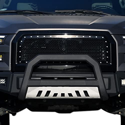 TLAPS 7422439383371 Compatible with 1999-2007 Silverado Sierra / 2002-2006 Avalanche / 2000-2006 Suburban Tahoe Yukon 1500 Matte Black AVT Style Bull Bar Guard with Stainless Skid Plate