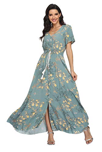Image of VintageClothing Women's Floral Maxi Dresses Boho Button Up Split Summer Casual Long Dress Beach Party Dress