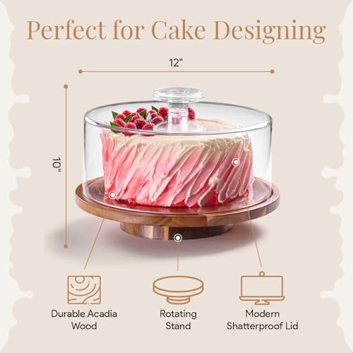 Image of HOMESPHERE Rotating Cake Stand With Lid - 12 Inch Round Cake Holder with Cover, 4 inch Tall, Acacia Wood Spinning Cake Turntable for Decorating, Display and Serving Platter, Acrylic Cake Dome, No Glass