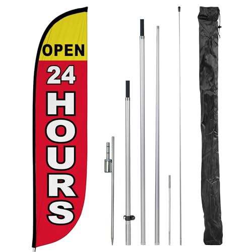 Image of LookOurWay Feather Flag Pole Kit - 12 Feet Tall Advertising Flag Banner with Fiberglass Pole Kit and Ground Spike for Business Promotion - Grand Opening Flags - Open 24 Hours (10M1200273)