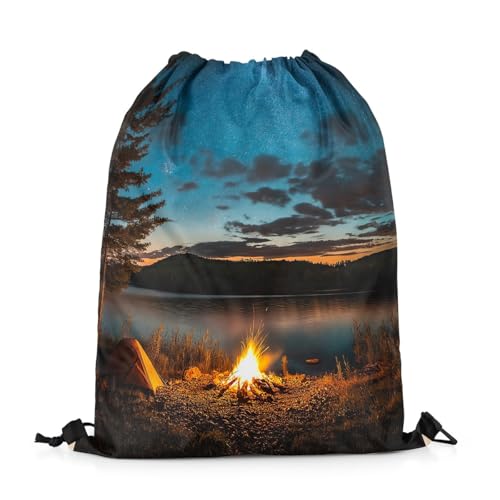 Erosebridal Camping Theme Waterproof Sackpack Happy Camping Drawstring Backpack 13x15.7 For Sport Gym Swim Yoga Camping Natural Forest Campfire Tent Reversible String Bag Camper Adventure Cinch Bags2