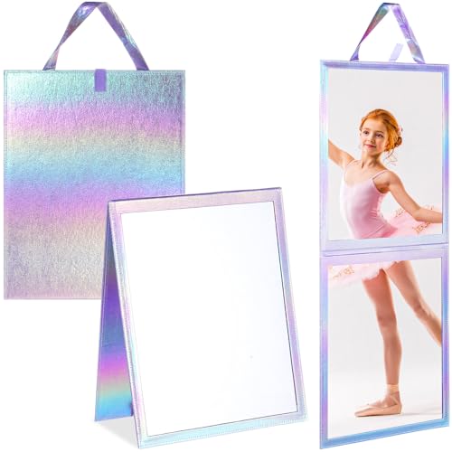 Chunful Foldable Backstage Mirror with Handle Holographic 33.5 X 13.4 Inch Folding Hanging Mirror Rectangular for Travel Dance Bag Home Fitness Spa Gift for Dancers (Purple)