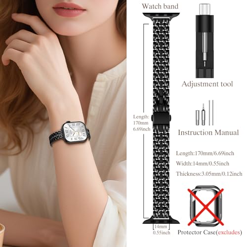 Image of Slim Metal Bands for Apple Watch 49 /46 /45 /44 /42mm(Series 3 /2 /1) | Thin Shiny Stainless Steel Strap Bands for Women, Fit iWatch Series 11 10 9 8 7 6 5 4 3 2 1 SE3 SE2 SE, Ultra 3 /2 /1, Black