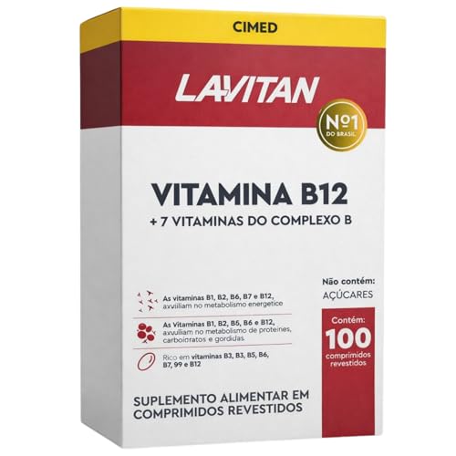 Embalagem do suplemento Lavitan Vitamina B12 com 100 comprimidos revestidos, exibindo a marca Cimed e o selo de produto numero 1 do Brasil.