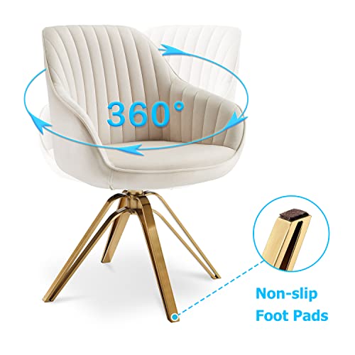 Volans Mid Century Modern Swivel Accent Desk Chair With Hollow Brushed Gold Plated Legs, Home Office Desk Chair No Wheels, Off White, Set Of 2 #TOP2
