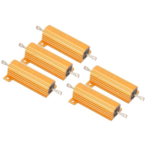 PATIKIL 50W 1.2 Ohm Aluminum Shell Resistor, 5 Pack Aluminum Housing Resistor Housed Case Wirewound Resistors Screw Tap Power Resistor 5% Tolerance, Golden