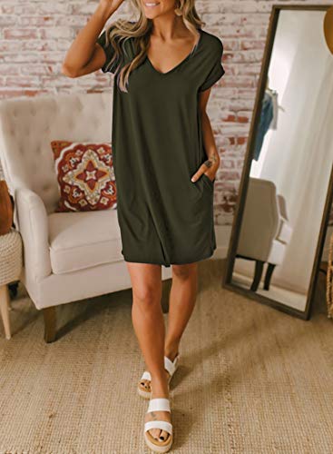 Btfbm Women V-Neck Short Sleeve Summer Dresses 2023 Spring Casual Loose T-Shirt Tunic Short Dress Pajamas With Pockets(Army Green, Medium) #TOP2