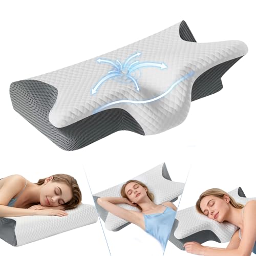 Dreamers Relief Pillow, 2025 New Odorless Ergonomic Contour Memory Foam Pillows, Dreamers Pillow for Neck Pain Relief Side Back Stomach Sleeper (White Grey)