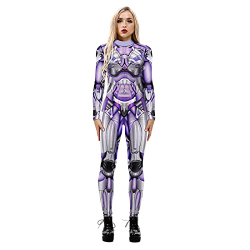 Leezeshaw Disfraz de robot para mujer, disfraz de Halloween, diseño de calavera 3D, cráneo, lycra Unitard, disfraz para mujer S-XL, Robot, S Cover
