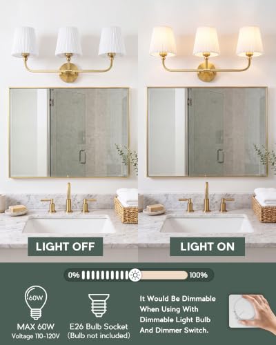 Image of 3-Light Brushed Gold Bathroom Vanity Light, Pleated Fabric Shade