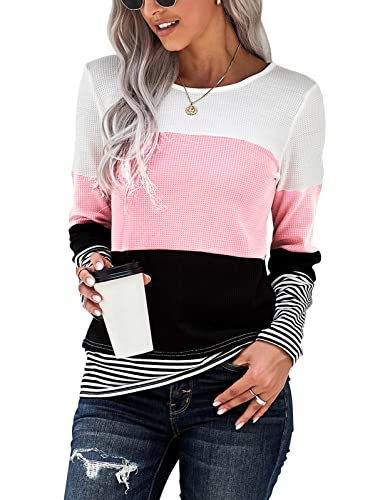 TOMEEK Camiseta Mujer a Rayas Gofre Blusa Mujer Invierno Camiseta Manga Larga Mujer Cuello Redondo Túnica Tops Casual Camisas Otoño, Rosado, Talla M