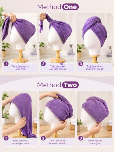 Image of Hair Towel Wrap for Women-Quick Drying Microfiber Towel for Hair with Elastic Loop for Tying-Super Absorbent Head Towels Wrap for Ladies Hair Turban (Pack 1, Purple)