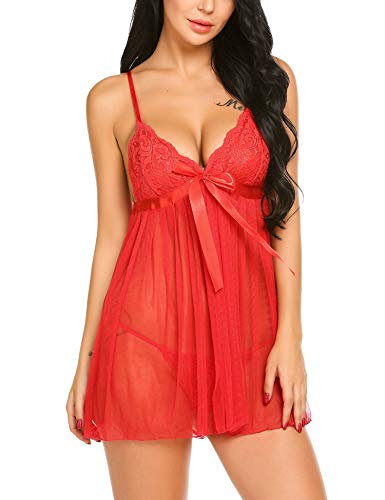 Avidlove Women Sexy Lingerie Lace Babydoll Nightdress Mesh Chemise V Neck Sleepwear (X-Large, Large Bowtie Style-Red)