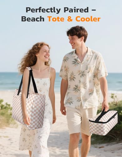 Beach Bag and Cooler Bag Set, 45L Waterproof Beach Tote with Zipper Closure, Foldable Extra Large XXL Family Weekender Bags, with 8 Pockets, Suitable for Pool, Picnic, Shopping, Travel2