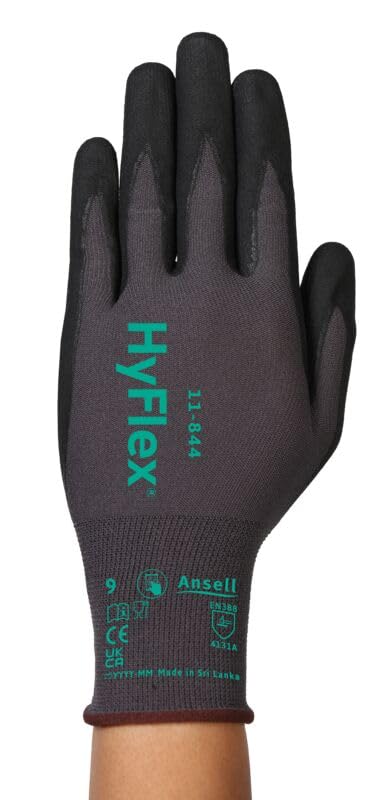 Ansell HyFlex 11-844 Professionelle Arbeitshandschuhe, Rutschfeste Nitril-Beschichtung, Industrie-Schutzhandschuhe für Mechanik und Werkstatt, Montagehandschuhe, Schwarz, Größe 2XL (12 Paar)