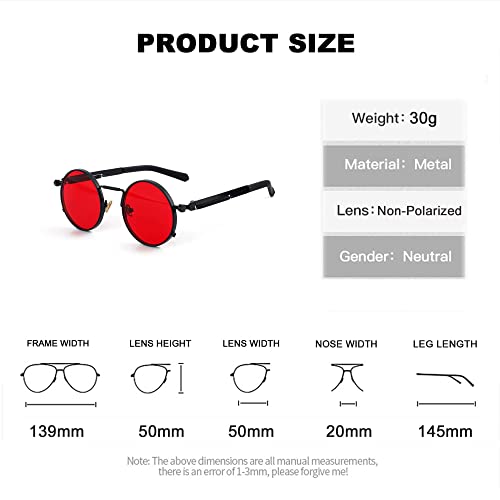 Eylrim Round Steampunk Sunglasses Hippie Circle Glasses Gothic Metal Frame 100% Uv Blocking Lens(Black/Ocean Red) #TOP6