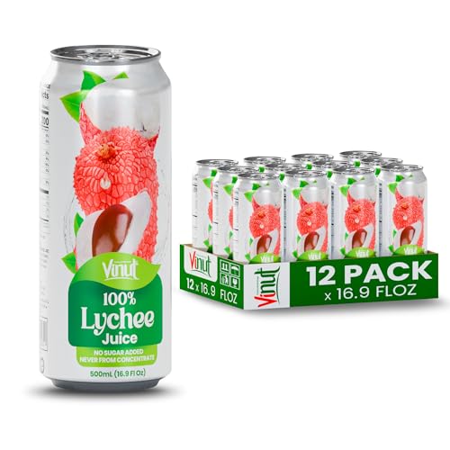 Image of VINUT 100% Lychee Juice, No Added Sugar, Not From Concentrate, 16.9 fl oz (500 mL) Can, Pack of 12