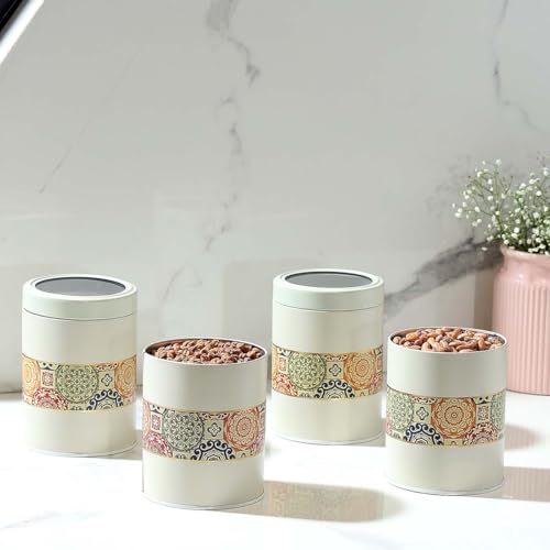 Image of Mandala Collection Airtight Kitchen Container Set| 1100ML- Set of 4| Food Grade Metal Jars for Dals, Millets, Pasta & Dry Food Storage| Vacuum Lid, Rust Resistant| Beige Rangoli Canisters