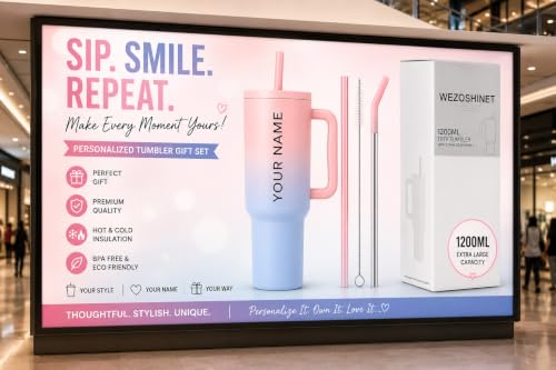 Image of WEZOSHINET Personalized with Your Name, 1200ml Tumbler with Straw-Handle-Stainless Steel Double Wall Insulated Cup Leak-Proof Sipper Mug for Hot-Cold Drinks Coffee - Water Tumbler (Pink Blue Custom)