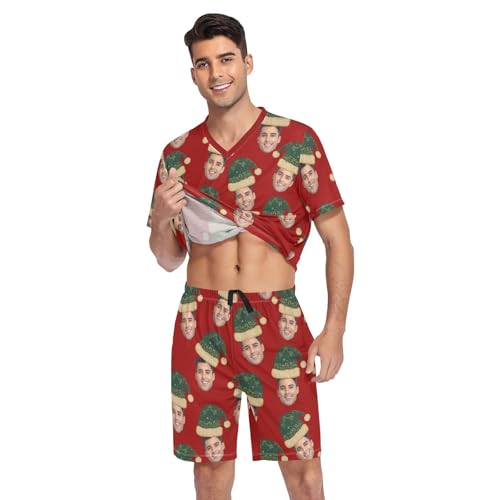 KLL Green Christmas Hat Custom Face Men's Short Sleeve Pajamas 2 Piece V Neck Lounge Set Tops & Shorts Loungewear3
