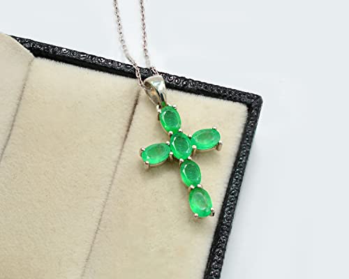 May Birthstone Natural 6X4 MM Oval Zambian Emerald Gemstone Cross Pendant Necklace 925 Sterling Silver Emerald Jewelry Birthday Gift For Wife4