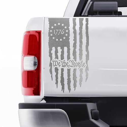 Image of GRITKULTURE We The People Distressed American Flag Decal Vinyl for Trucks, Cars, Tailgate, Windows Preamble of The US Constitution fits Most Pickup Trucks-Rear USA Flag Car Sticker (Reflective Silver)