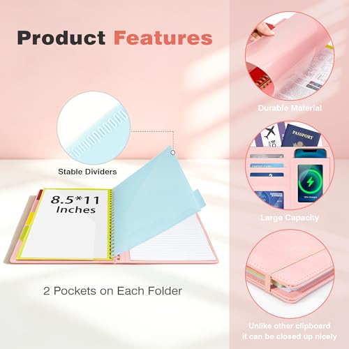 Image of Clipboard with Storage for Men Women, Leather Padfolio Portfolio Organizer 5 Folders with 10 Pockets, Spiral Clipboard Folio with Notepad for Letter Size, Elastic Closure and Pen Loop Pink