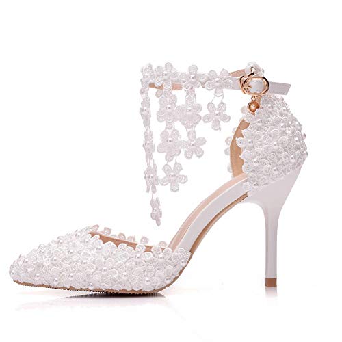 Women's White Lace Floral Stiletto High Heel Wedding Shoes, Sexy Pointed Closed Toe Bridal Heels Sandals, Ankle Strap Party Dress Bride D'Orsay Pumps2