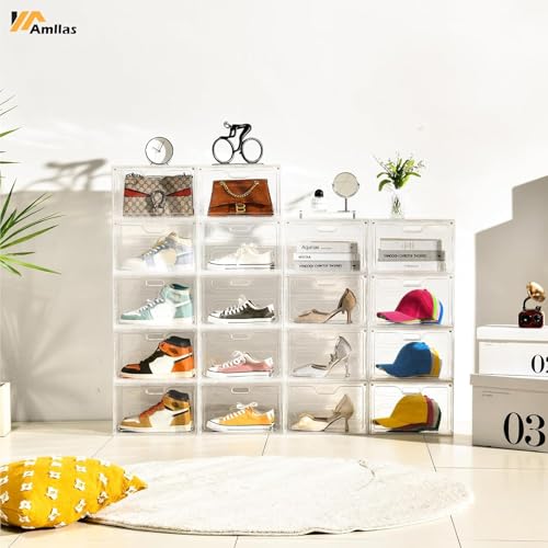 Image of Amllas 8 Pack Shoe Boxes Clear Plastic Stackable, Large Shoe Storage Organizer with Lids,Drop Side Shoe Containers for Entryway,Sneaker Storage Fit up to US Size 13 (13''x 10.6 inchx 8.3 inch)