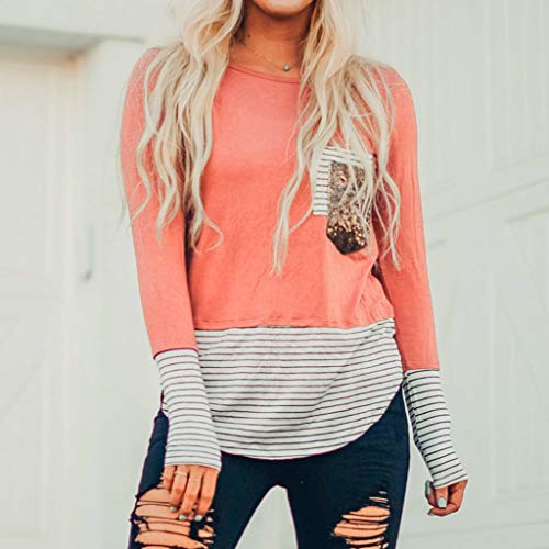 Women Long Sleeve Blouse Sequins Front Pocket T Shirts Lightweight Striped Pullover Casual Tunic Tops Pink