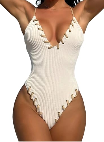 WODECASA Women's V Neck High Cut One Piece Swimsuit Ribbed Criss Cross Tie Back Bathing Suit Monokini