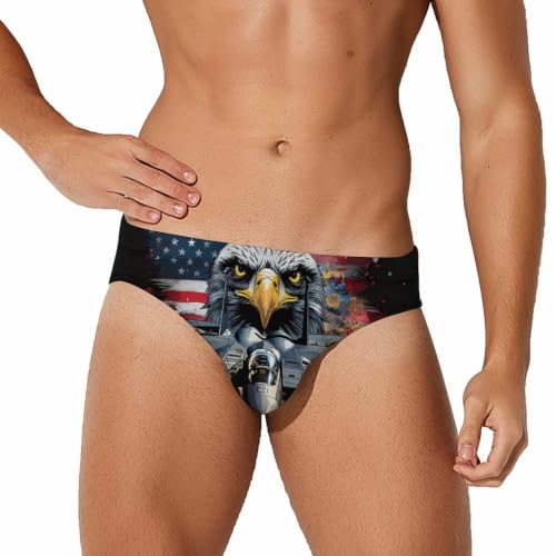 Patriotic Ea-gle Jet with U.S Flag Men Swim Trunks Soft Briefs Swimsuit 3XL