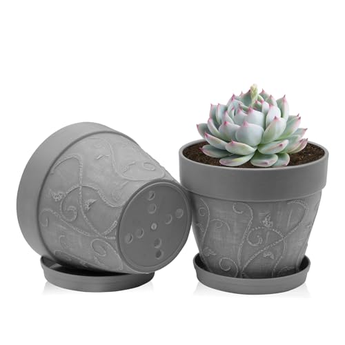 ZMTECH 17,5 cm Blumentopf mit untersetzer, 7 Zoll Kunststoff Terrakotta-Look Pflanzkübel mit Drainagelöchern, Rund Medium übertopf für Innen Draußen Kräuterhaus Pflanzen(Grau, 2er-Set)