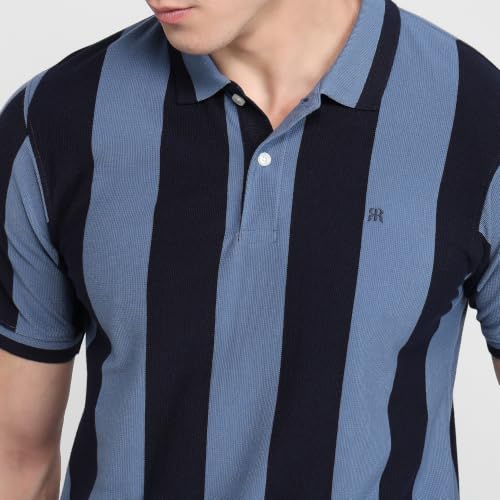 Image of Raymond Men Modern Fit Stripe Pattern Pure Cotton Polo Neck Half Sleeve Casual T-Shirt