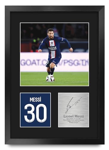 HWC Trading Lionel Messi Paris Blue and Reds Regalos Impresos Imagen De Autógrafo Firmado Para Los Aficionados Al Fútbol Y Partidarios   A3 Retrato Enmarcado