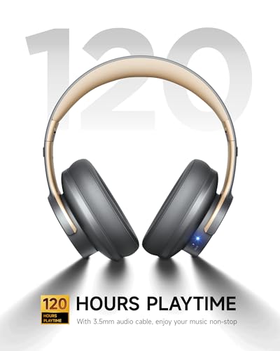 Image of Picun B8 Bluetooth Headphones, 120H Playtime Headphones Wireless Bluetooth with 3 EQ Modes, Low Latency, Hands-Free Calls, Over Ear Headphones for Travel Home Office Cellphone PC (Ashen Golden)