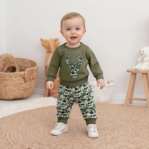Fernvia Toddler Baby Boy Fall Hunting Clothes Wild Goose Fish Deer Print Sweatshirt Elastic Camouflage Pant Winter Outfits2