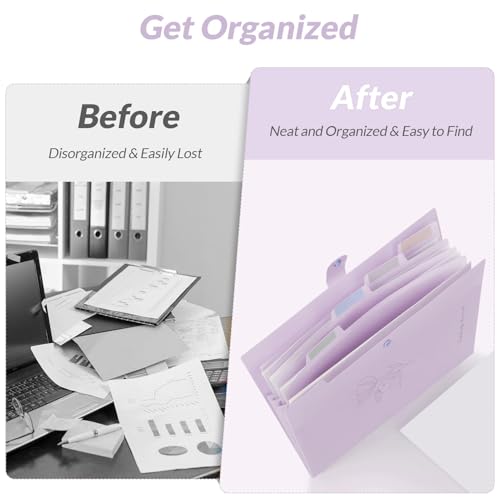 Image of SKYDUE Expanding File Organizer with 5 Pockets, Accordion File Folders with Labels, Portable Document Paper Bill Receipt Organizer, Home College School Office Supplies, Letter Size, Lilac