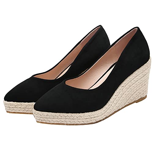 KOKOMOMO Womens Pointed Toe Espadrille Wedges Faux Suede Platform Pumps