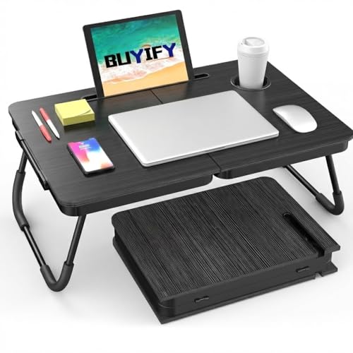 BUYIFY Portable Foldable Laptop Desk for Bed and Couch, Adjustable Lap Desk with Cup Holder and Phone Holder, Ideal for Working, Reading, Writing, and Breakfast (Black)-USA Original Patent