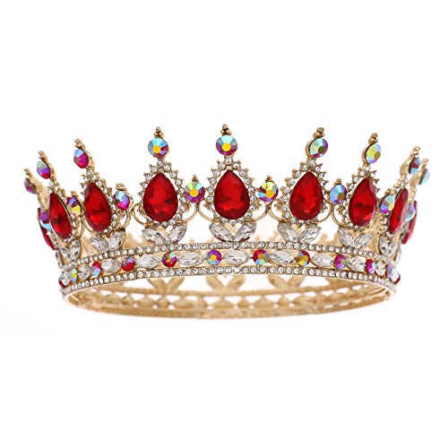 FORSEVEN Queen Crown Rhinestone Wedding Crowns and Tiaras for Women Costume Party Hair Accessories Princess Birthday Crown Crystal Bridal Crown (Gold+Red AB)