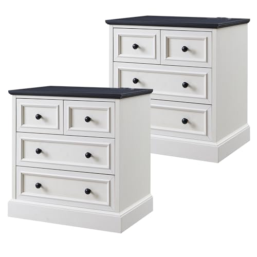 Image of ACCOHOHO 26 inch W Nightstands Set of 2, Farmhouse End Table with 4 Drawers for Storage, Nightstand with Charging Station for Bedroom, Off White