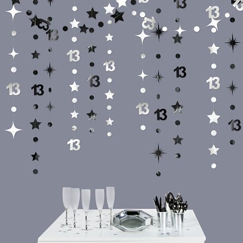 Image of Silver Black 13th Birthday Decorations Number 13 Circle Dot Twinkle Star Garland Hanging Streamer Bunting Banner Backdrop Girls Boys 13 Years Old Birthday Thirteen Official Teenager Party Supplies