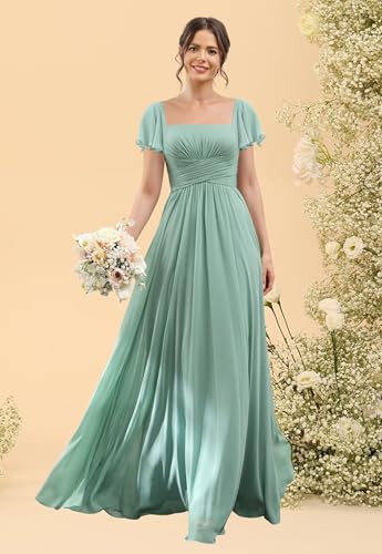 YOFF Short Sleeves Chiffon Bridesmaid Dresses Long with Slit Square Neck A-Line Formal Party Dresses with Pockets YO2403