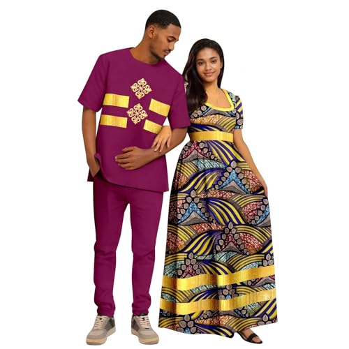 African Coupleswear Women's Print Long Maxi Dress Bazin Riche Men's Dashiki Top and Pants Set(B,Men-XXX-Large)